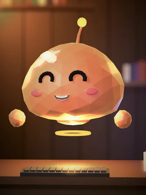 His sidekick: a round, glowing low-poly helper with an antenna and a hover ring, smiling over a desk