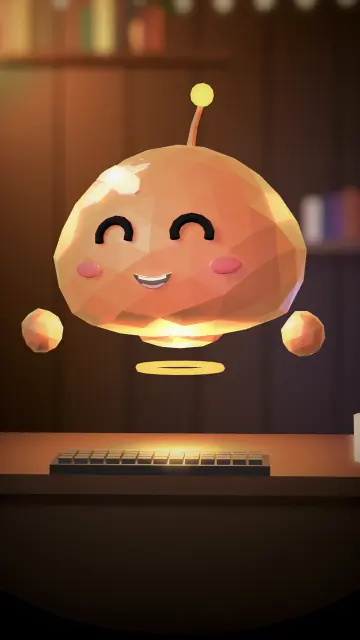 His sidekick, a round, glowing low-poly helper, beaming over a desk at night